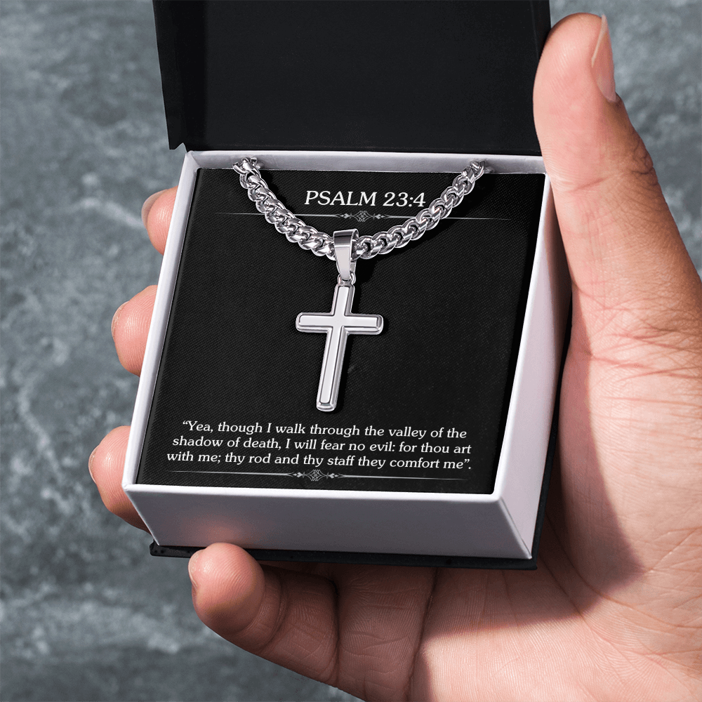 Christian Cuban Link With Cross Pendant Necklace -Faith Based Religious Jewelry Bible Scripture Verse Psalm 23:4