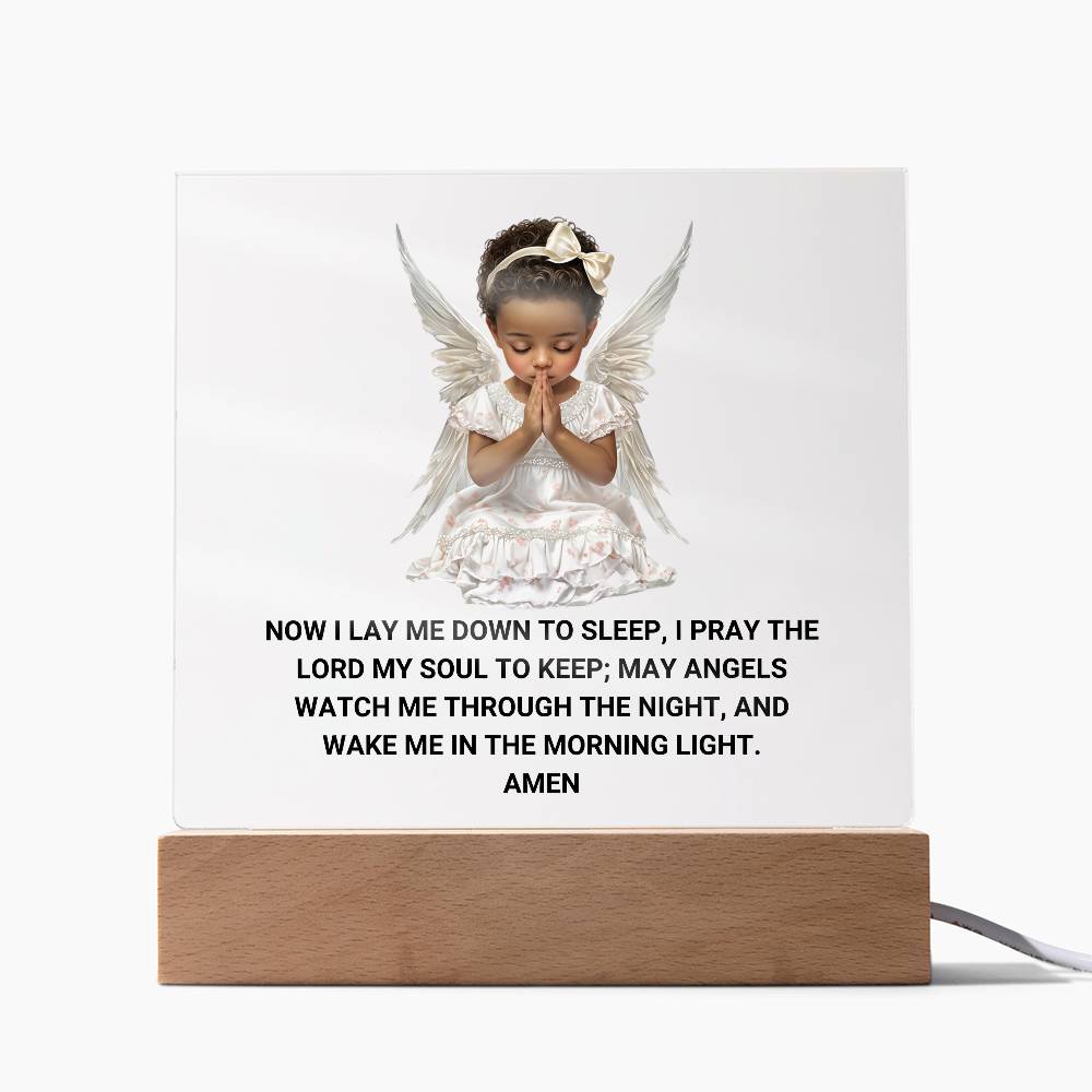 Now I Lay Me Down To Sleep Children's Prayer Acrylic Night Light -African American Little Girl Angel