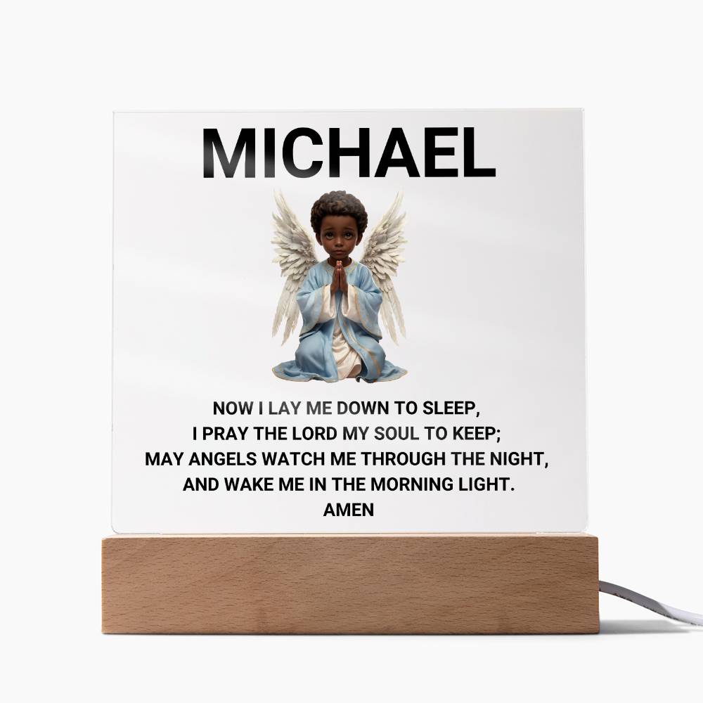 Now I Lay Me Down To Sleep Children's Prayer Acrylic Night Light -African American Little Boy Angel-Personalized