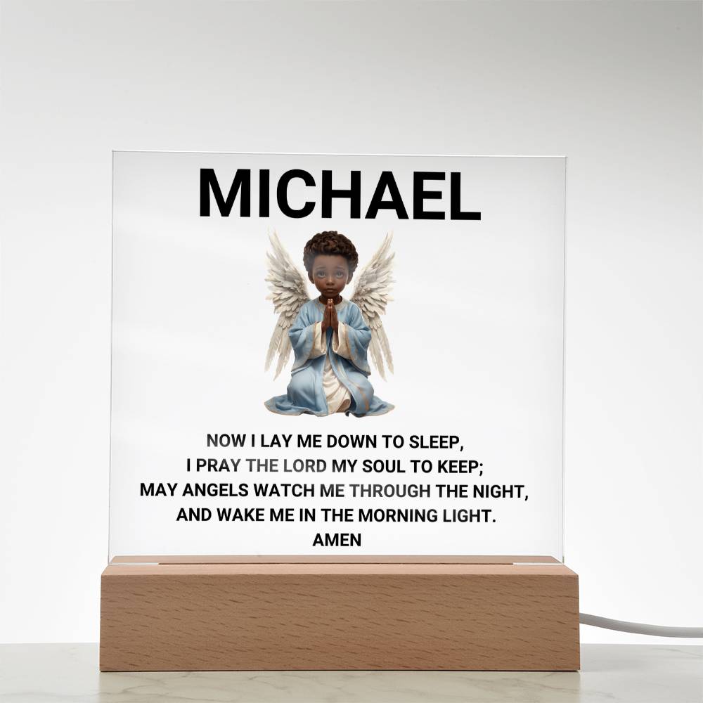 Now I Lay Me Down To Sleep Children's Prayer Acrylic Night Light -African American Little Boy Angel-Personalized