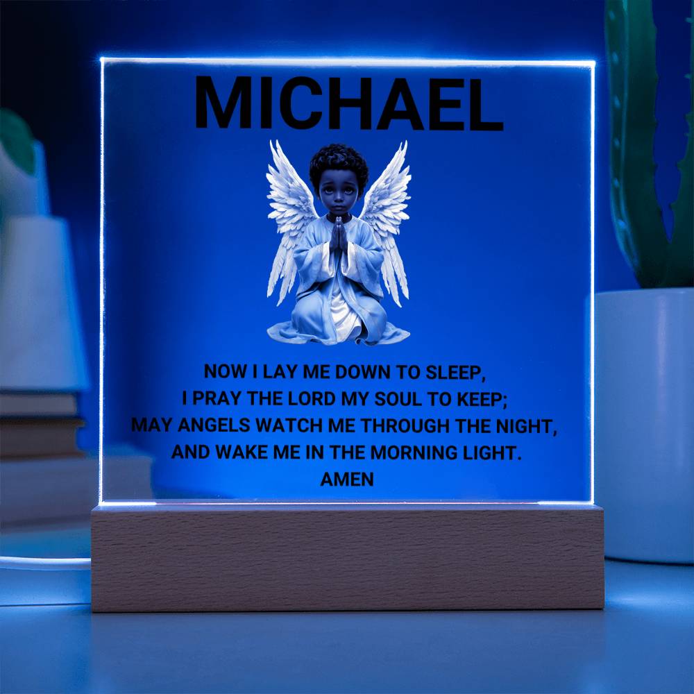 Now I Lay Me Down To Sleep Children's Prayer Acrylic Night Light -African American Little Boy Angel-Personalized