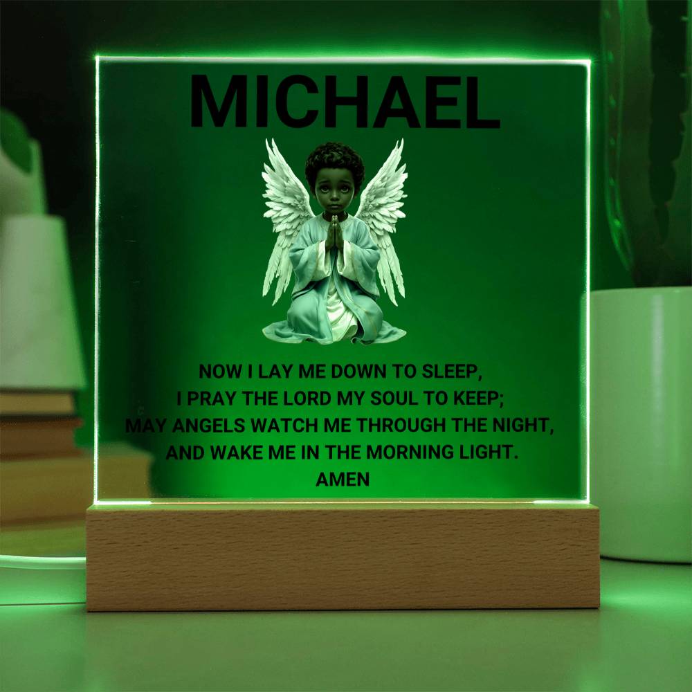 Now I Lay Me Down To Sleep Children's Prayer Acrylic Night Light -African American Little Boy Angel-Personalized