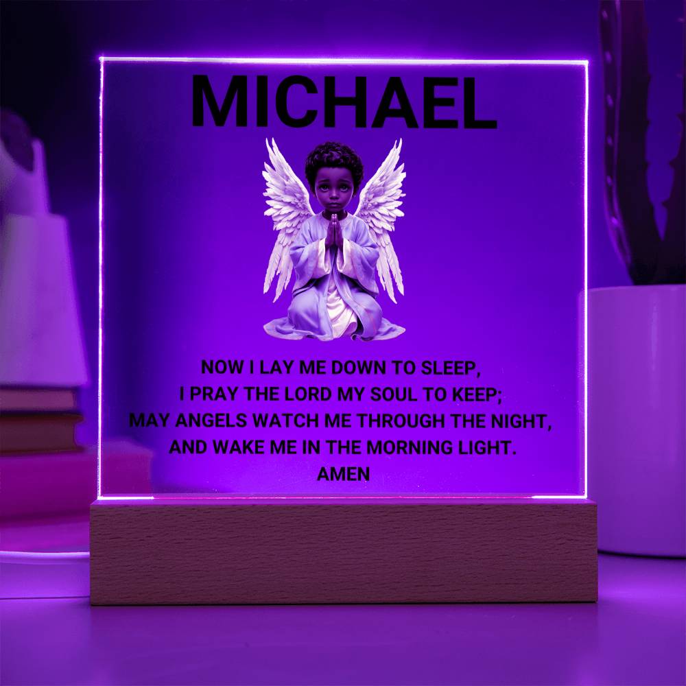 Now I Lay Me Down To Sleep Children's Prayer Acrylic Night Light -African American Little Boy Angel-Personalized
