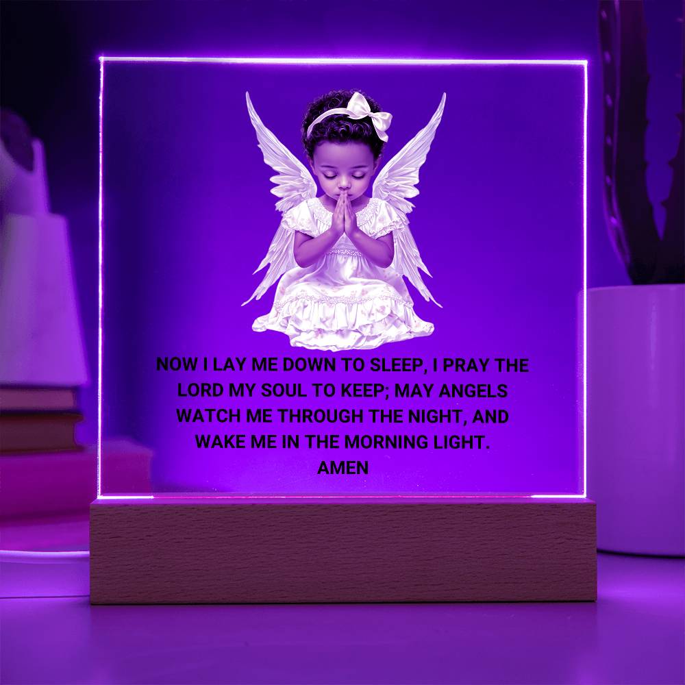 Now I Lay Me Down To Sleep Children's Prayer Acrylic Night Light -African American Little Girl Angel