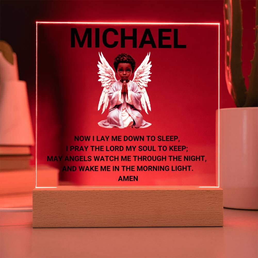 Now I Lay Me Down To Sleep Children's Prayer Acrylic Night Light -African American Little Boy Angel-Personalized