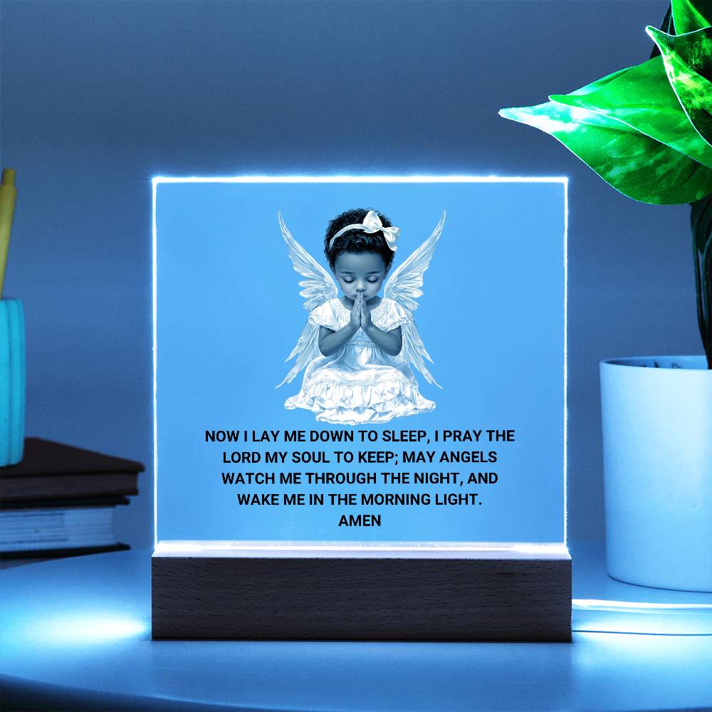 Now I Lay Me Down To Sleep Children's Prayer Acrylic Night Light -African American Little Girl Angel