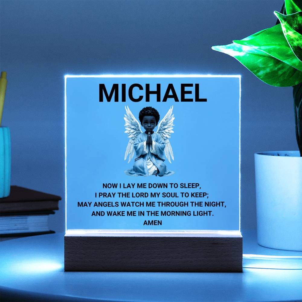 Now I Lay Me Down To Sleep Children's Prayer Acrylic Night Light -African American Little Boy Angel-Personalized