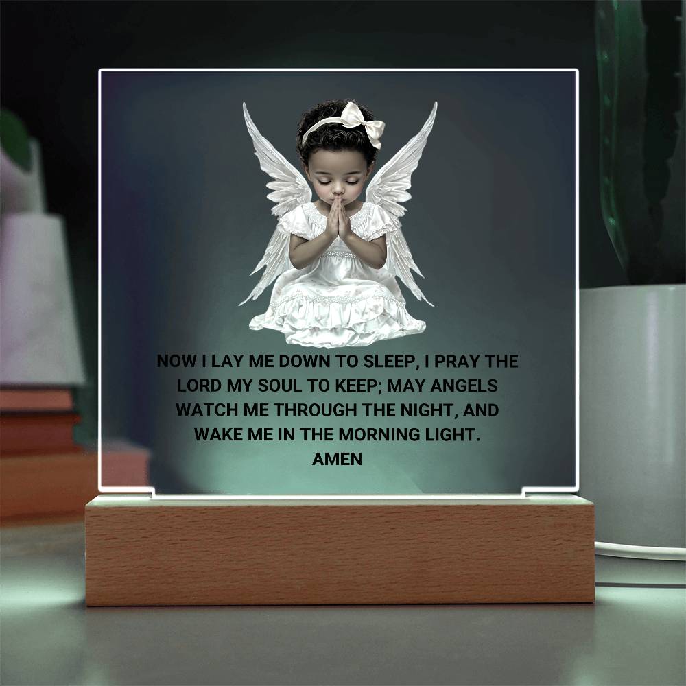 Now I Lay Me Down To Sleep Children's Prayer Acrylic Night Light -African American Little Girl Angel