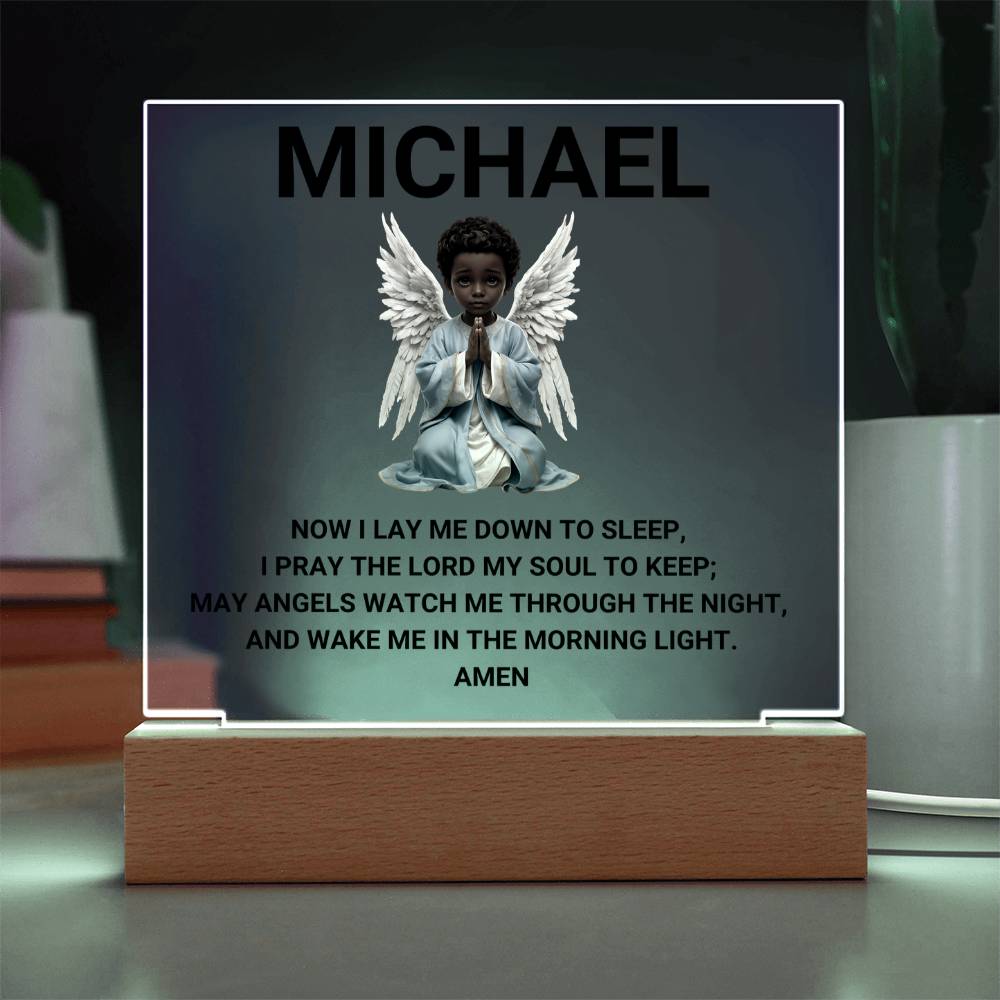 Now I Lay Me Down To Sleep Children's Prayer Acrylic Night Light -African American Little Boy Angel-Personalized
