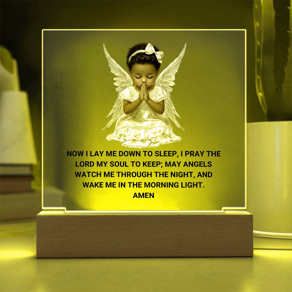 Now I Lay Me Down To Sleep Children's Prayer Acrylic Night Light -African American Little Girl Angel