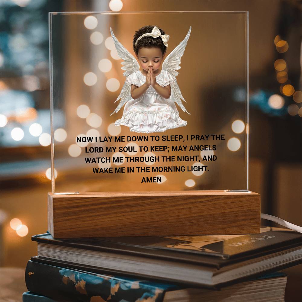 Now I Lay Me Down To Sleep Children's Prayer Acrylic Night Light -African American Little Girl Angel
