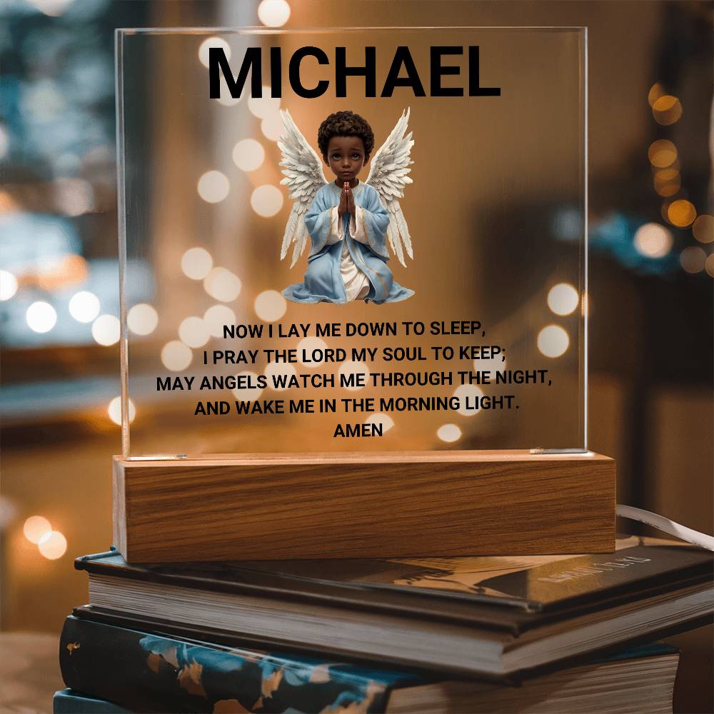 Now I Lay Me Down To Sleep Children's Prayer Acrylic Night Light -African American Little Boy Angel-Personalized