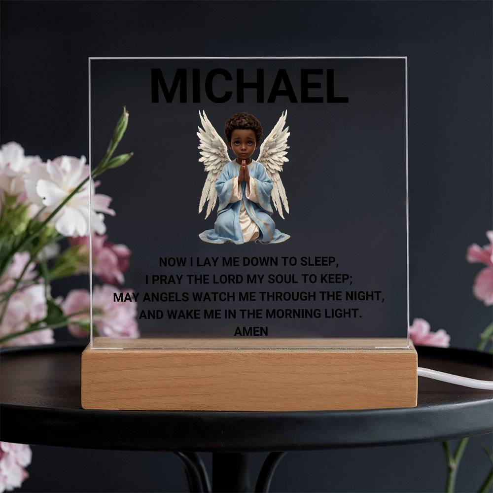 Now I Lay Me Down To Sleep Children's Prayer Acrylic Night Light -African American Little Boy Angel-Personalized