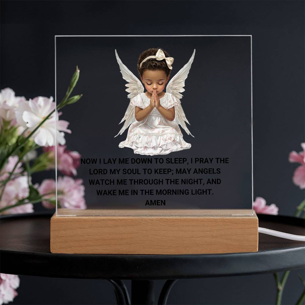 Now I Lay Me Down To Sleep Children's Prayer Acrylic Night Light -African American Little Girl Angel