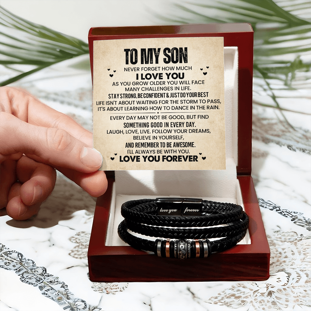 To My Son-Never Forget How Much I Love You-Black Braided Bracelet With Message Card