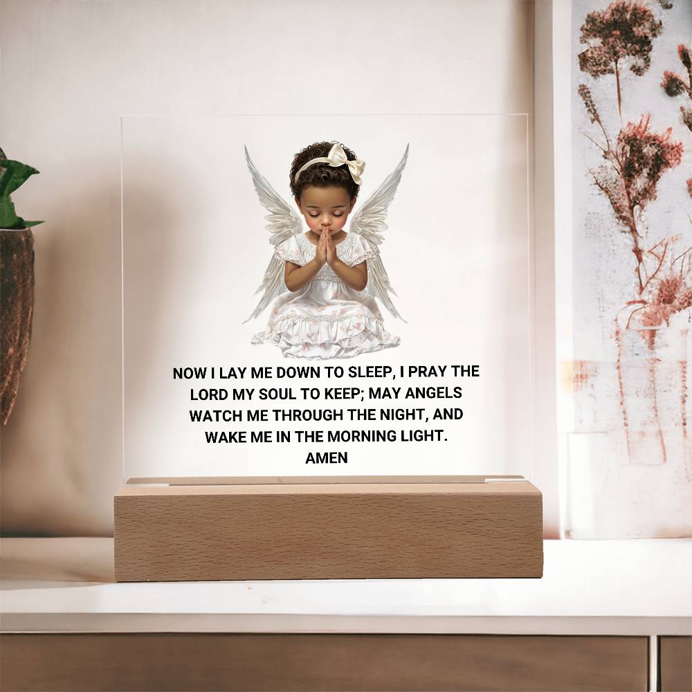 Now I Lay Me Down To Sleep Children's Prayer Acrylic Night Light -African American Little Girl Angel