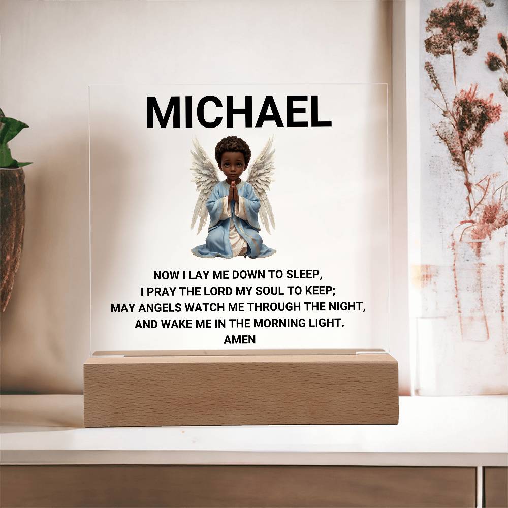 Now I Lay Me Down To Sleep Children's Prayer Acrylic Night Light -African American Little Boy Angel-Personalized