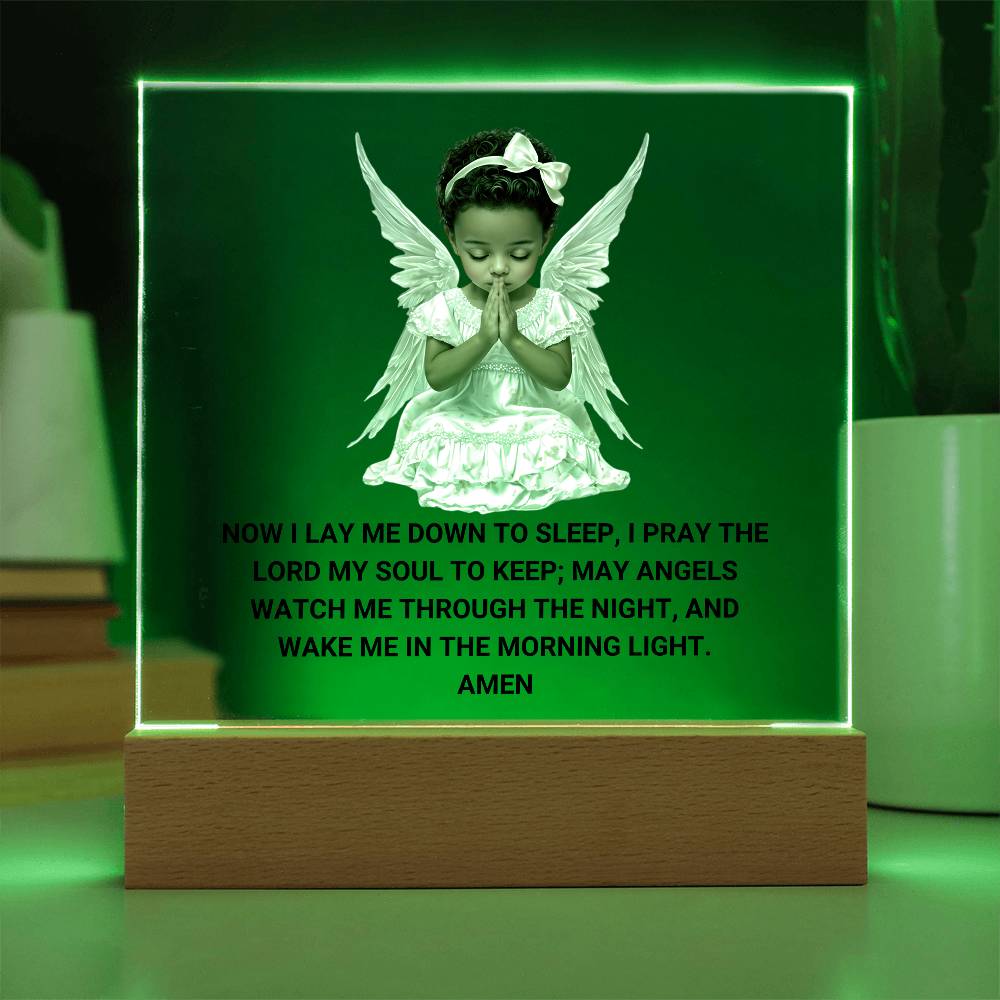 Now I Lay Me Down To Sleep Children's Prayer Acrylic Night Light -African American Little Girl Angel