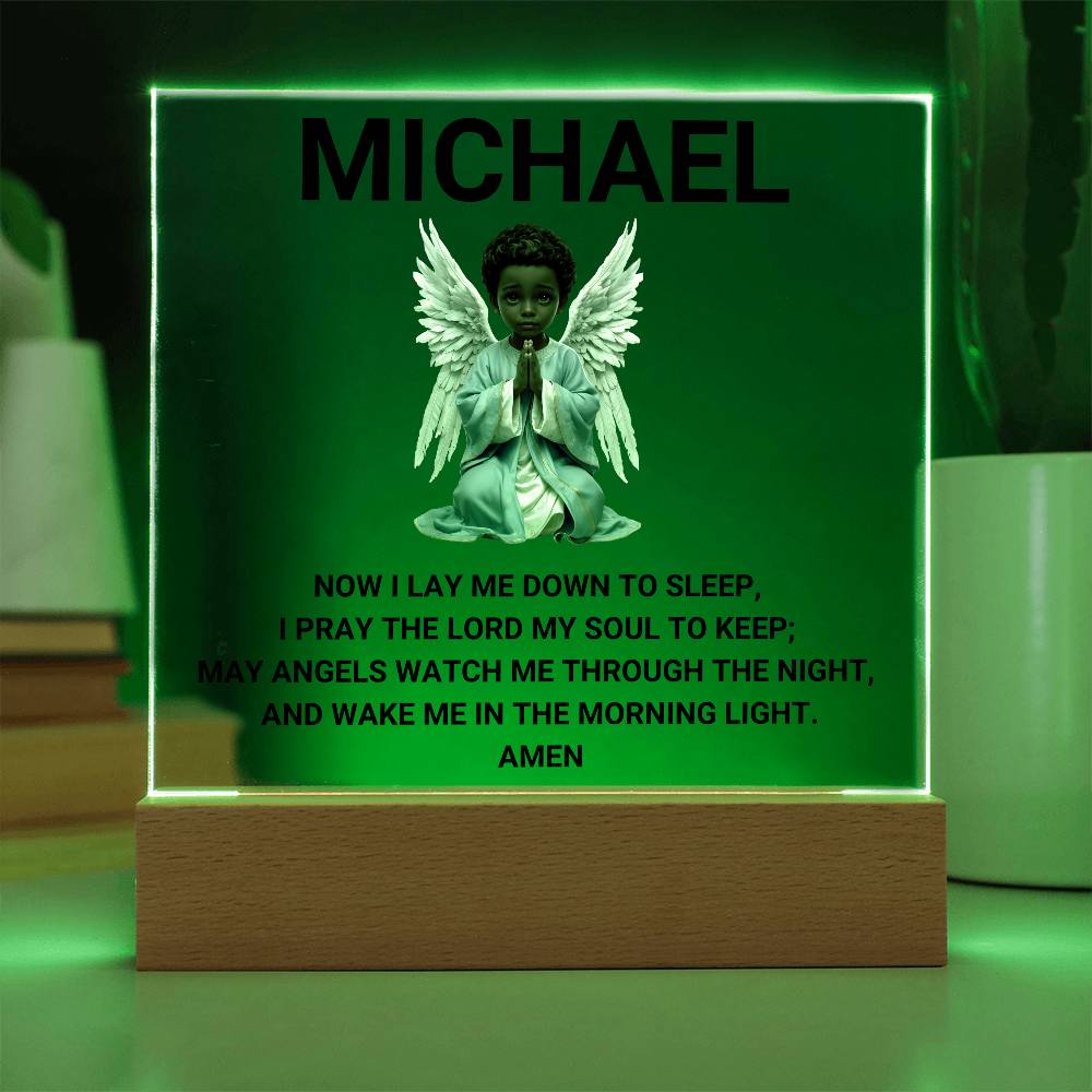 Now I Lay Me Down To Sleep Children's Prayer Acrylic Night Light -African American Little Boy Angel-Personalized