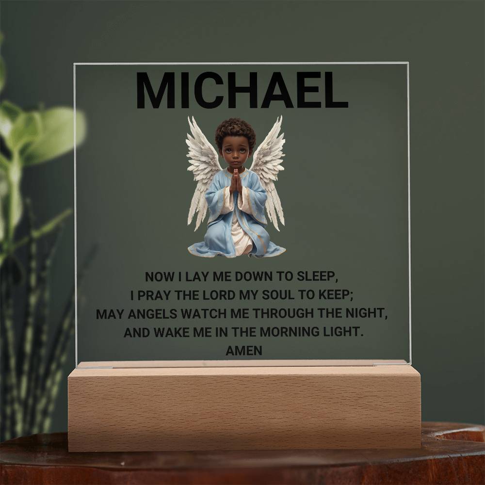 Now I Lay Me Down To Sleep Children's Prayer Acrylic Night Light -African American Little Boy Angel-Personalized