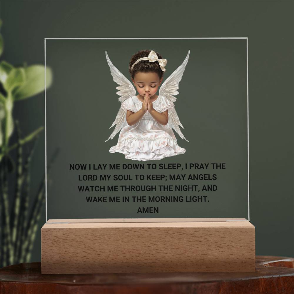 Now I Lay Me Down To Sleep Children's Prayer Acrylic Night Light -African American Little Girl Angel