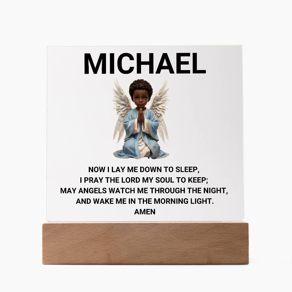 Now I Lay Me Down To Sleep Children's Prayer Acrylic Night Light -African American Little Boy Angel-Personalized