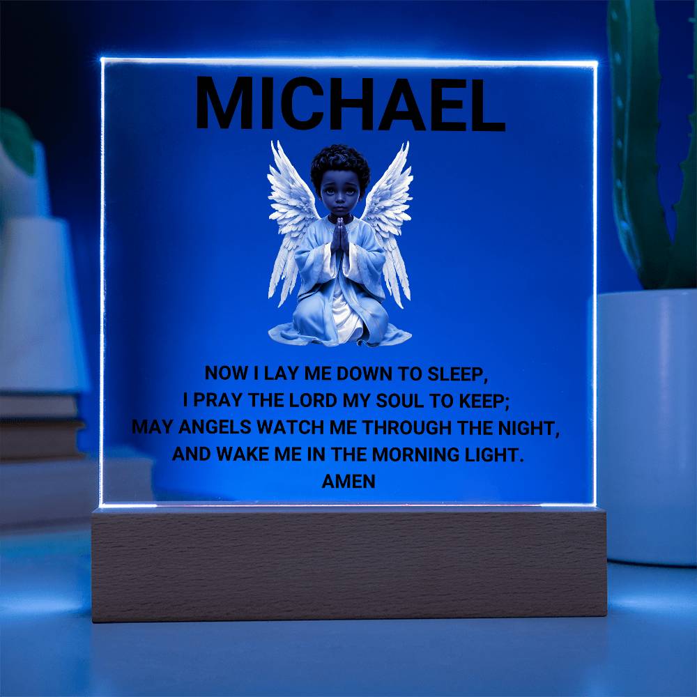 Now I Lay Me Down To Sleep Children's Prayer Acrylic Night Light -African American Little Boy Angel-Personalized