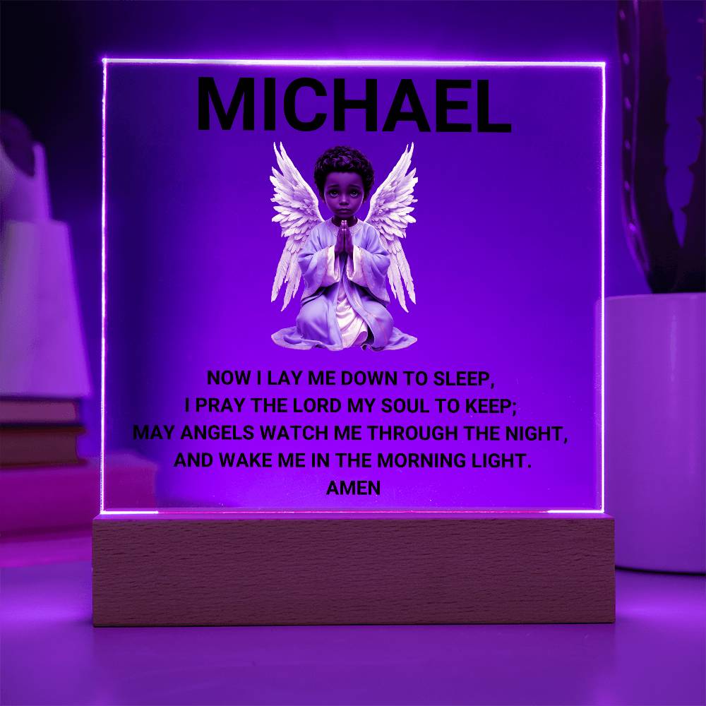 Now I Lay Me Down To Sleep Children's Prayer Acrylic Night Light -African American Little Boy Angel-Personalized