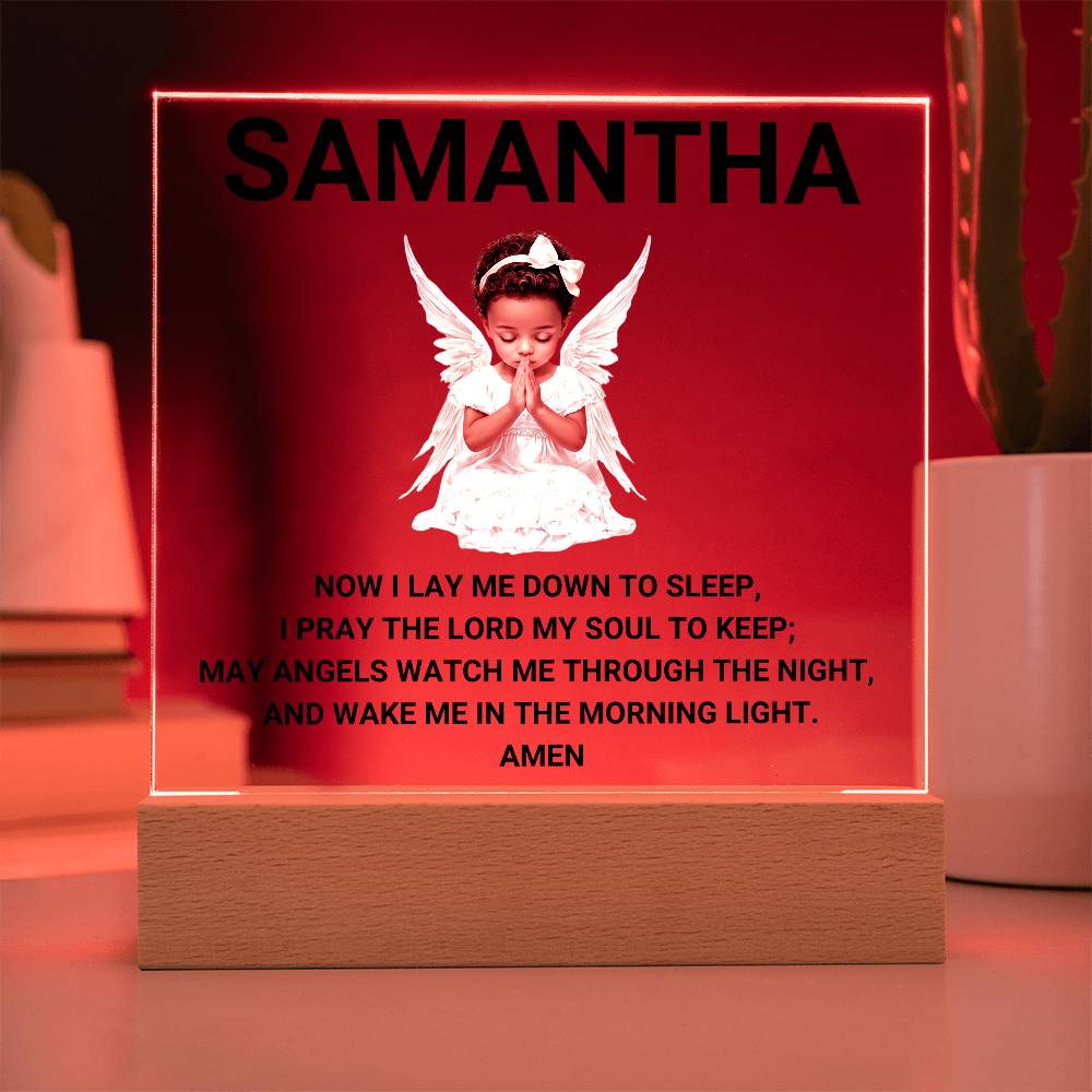 Now I Lay Me Down To Sleep Children's Prayer Acrylic Night Light -African American Little Girl Angel