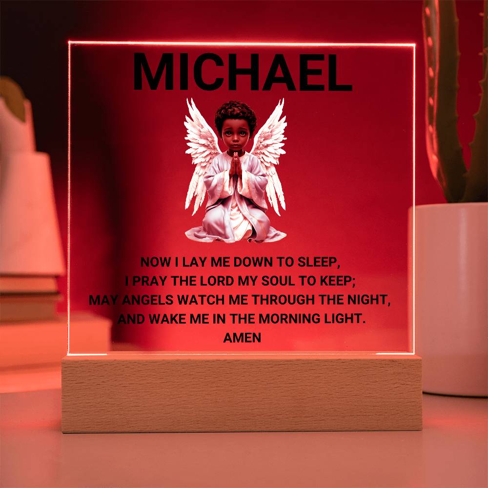 Now I Lay Me Down To Sleep Children's Prayer Acrylic Night Light -African American Little Boy Angel-Personalized