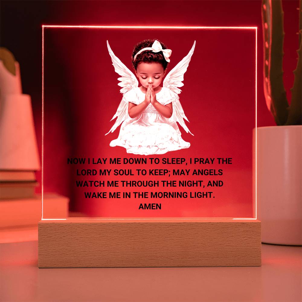 Now I Lay Me Down To Sleep Children's Prayer Acrylic Night Light -African American Little Girl Angel