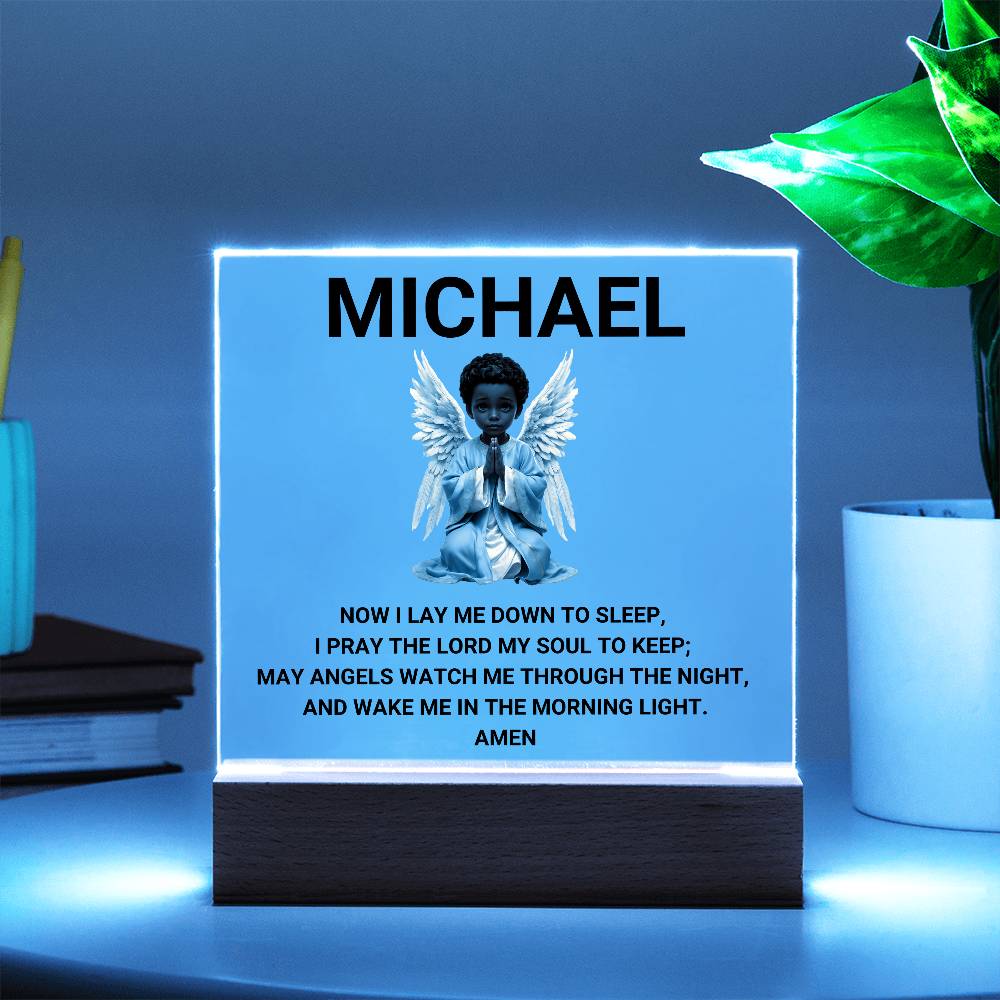Now I Lay Me Down To Sleep Children's Prayer Acrylic Night Light -African American Little Boy Angel-Personalized
