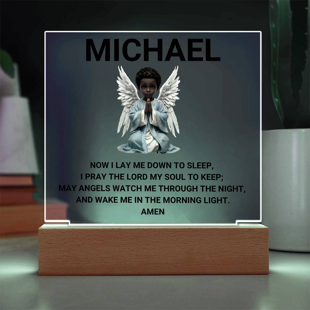 Now I Lay Me Down To Sleep Children's Prayer Acrylic Night Light -African American Little Boy Angel-Personalized