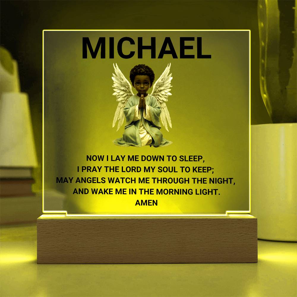 Now I Lay Me Down To Sleep Children's Prayer Acrylic Night Light -African American Little Boy Angel-Personalized