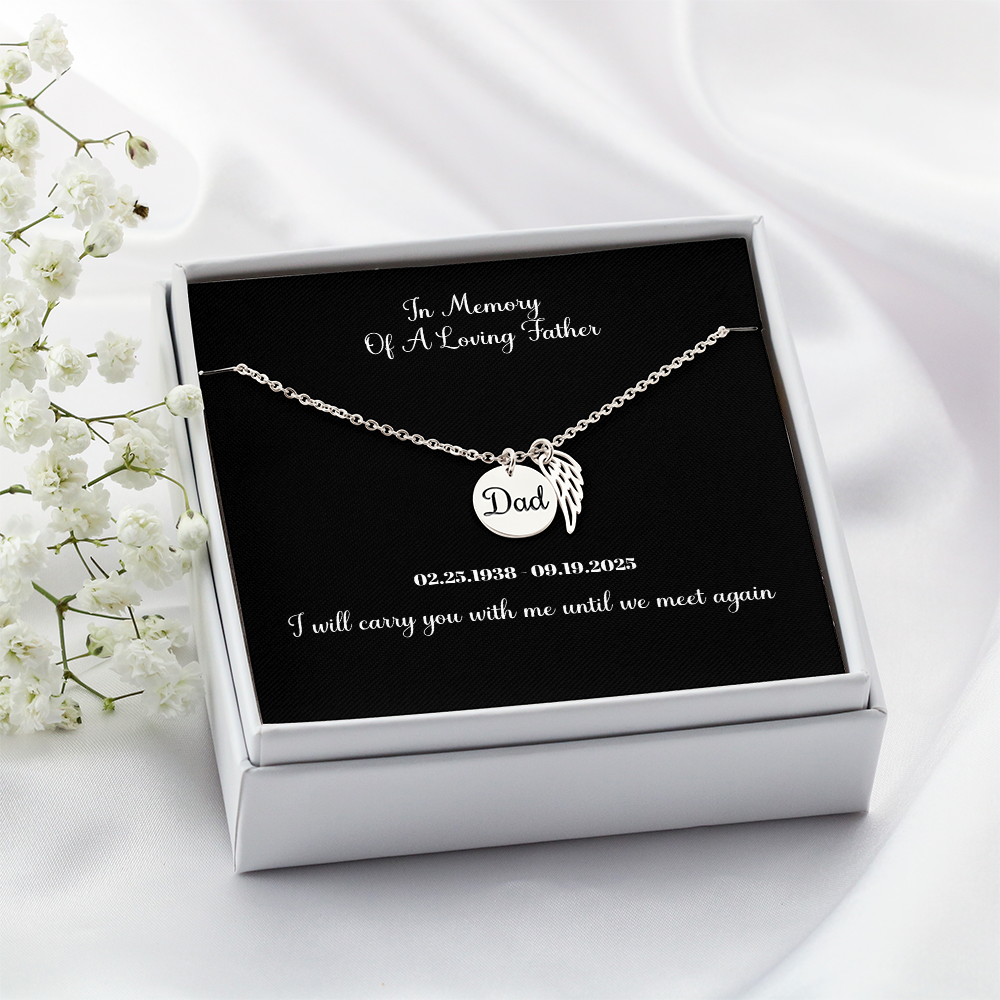 Memorial Necklace Dad, Remembrance Jewelry, Angel Wing Charm for Loss Of Father, Sympathy Pendant, Bereavement Gift Necklace for Son Or Daughter