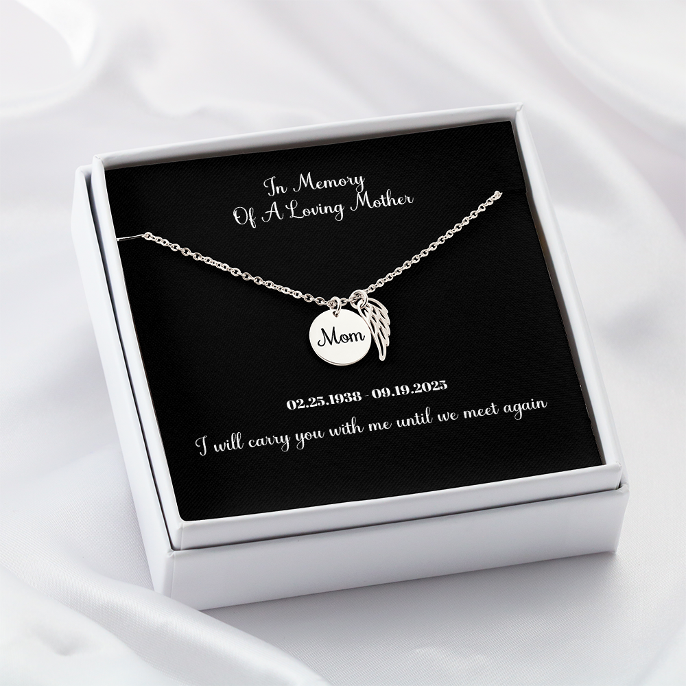 Memorial Necklace Mom, Angel Wing Charm , Sympathy Pendant, Bereavement Gift For Son Or Daughter