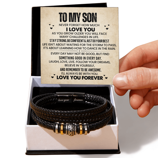 To My Son-Never Forget How Much I Love You-Black Braided Bracelet With Message Card